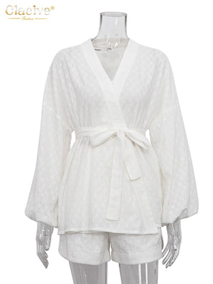 Clacive Fashion Long Sleeve Robes Top Two Piece Sets Womens Outifits Autumn Casual White Home Suit Elegant Shorts Women'S Sets