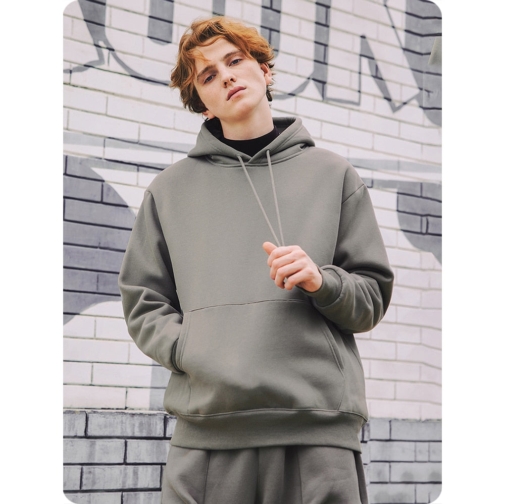 INFLATION Solid Color Fleece Hoodies Men Winter Thick Warm Hooded Sweatshirts Unisex Blank Pullovers