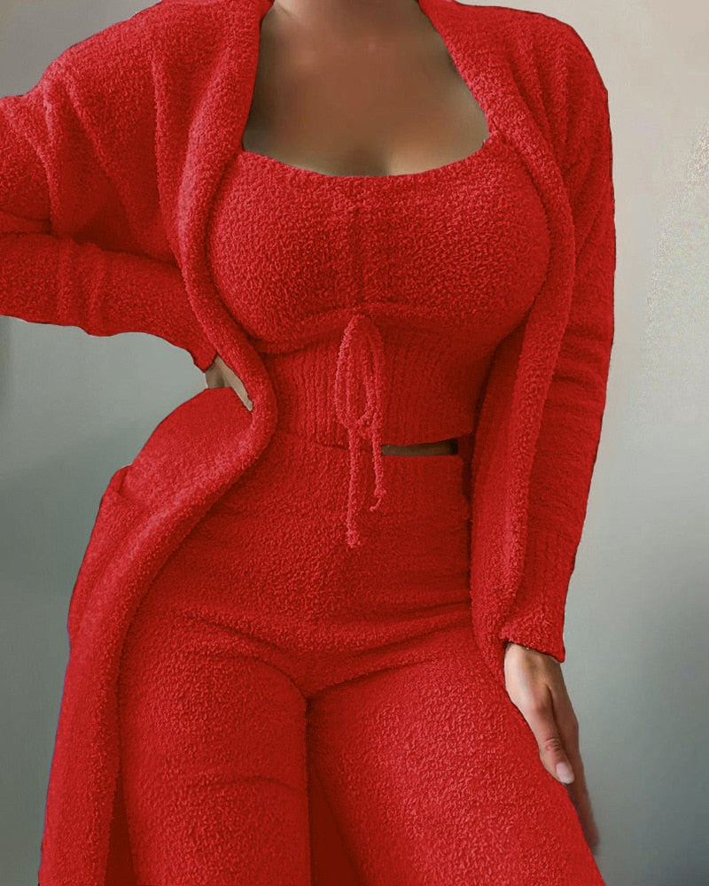 2022 New Autumn Winter Women&#39;s Velvet Pajamas Set Crop Top+Long Pants+Coat 3 Pieces Suit Warm Soft Fleece Homewear Pyjamas S-3XL