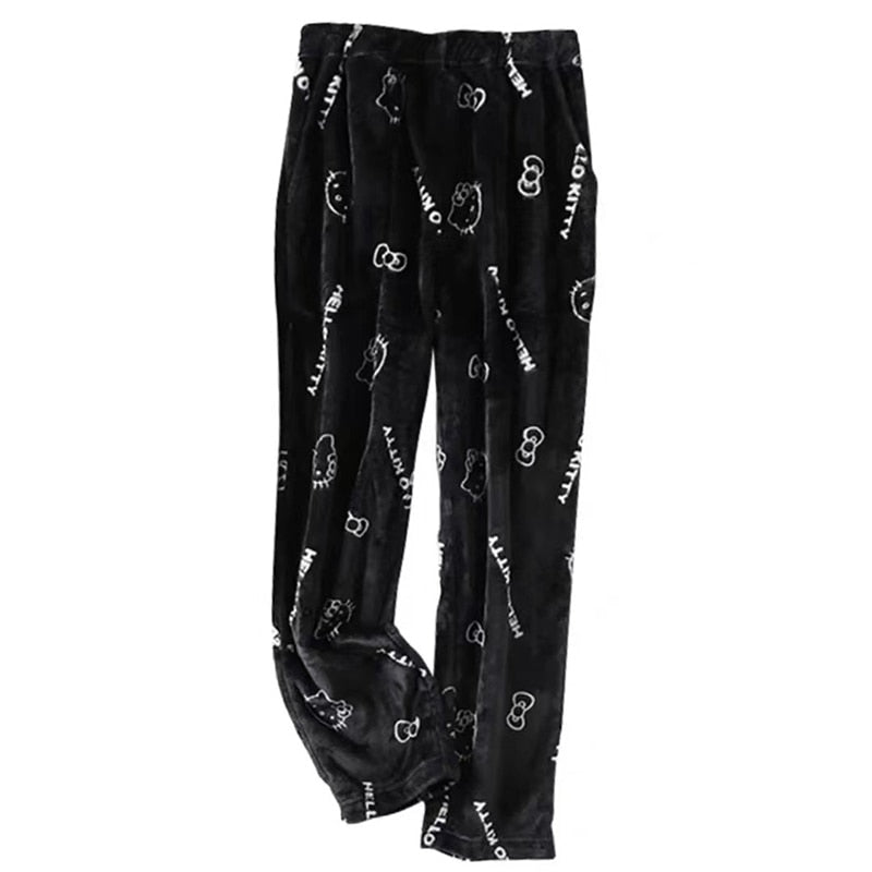 Sanrio Anime Hello Kitty Flannel Pajamas Black Women&#39;s Warm Woolen Cartoon Casual Home Pants In Autumn Winter Fashion Trousers