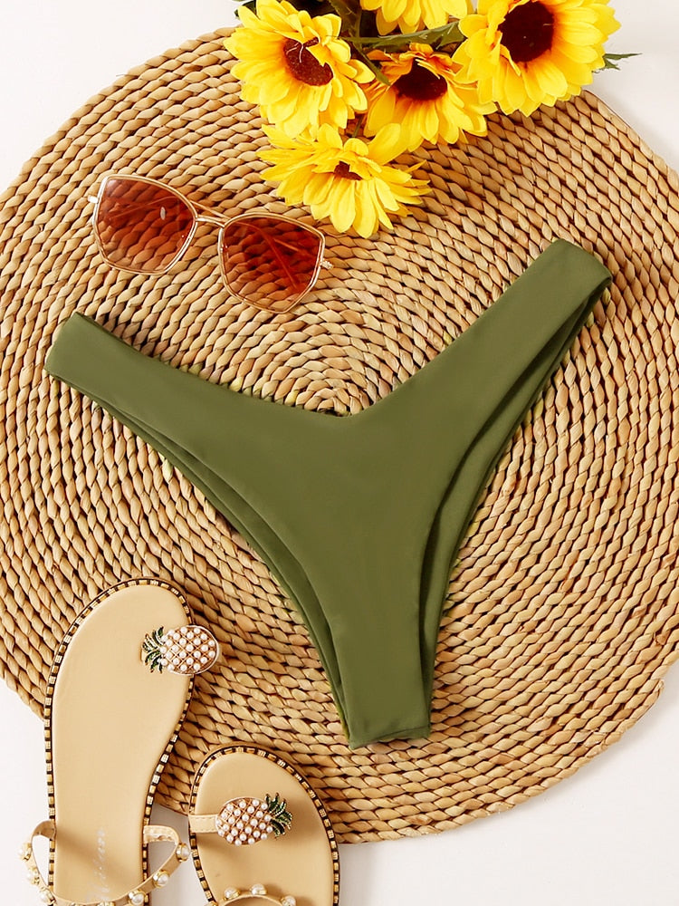 Bikini Bottoms Women&#39;s 2023 New Swimsuit High Waisted Bottom Solid Red Swimwear Thong Beachwear Brazilian Bathing Suit Summer