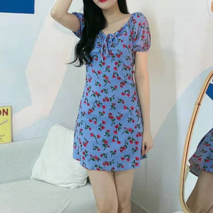 Women&#39;s Mini Sexy Dresses Summer Beach Floral Printed Shirring Pleated Elegant Short Puffy Sleeve Dress Korea Female Vestidos