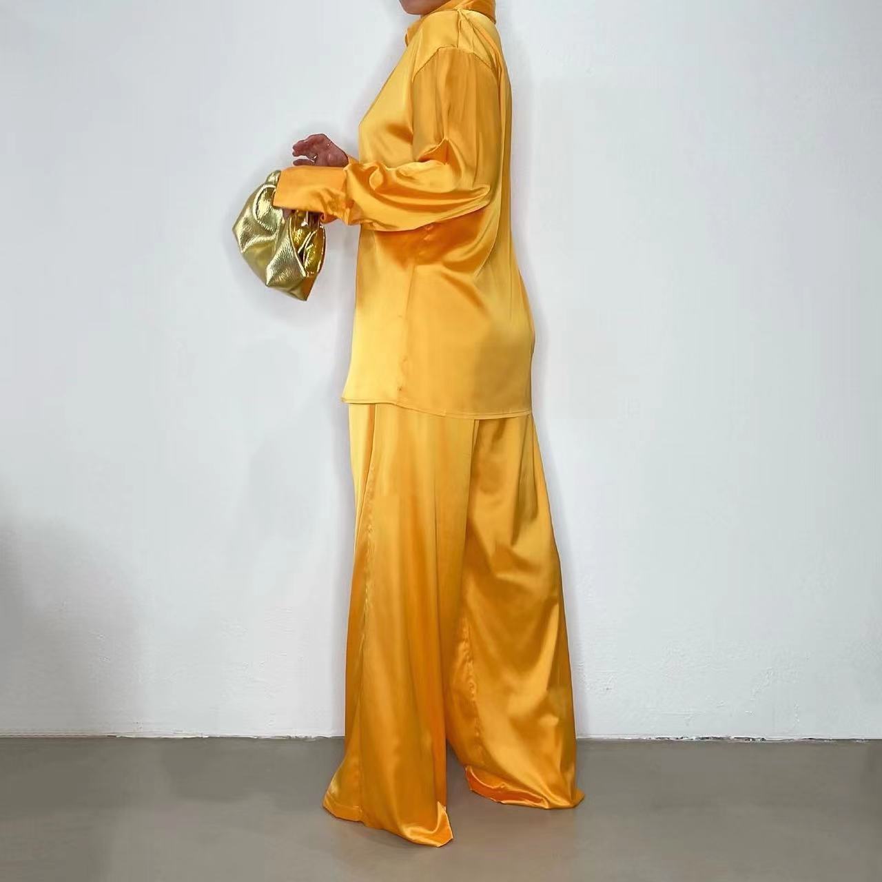 2022 Elegant Satin Women&#39;s Matching Sets Casual Long Sleeve Shirt Straight Pants Suit Female Loose Solid Tops Two Pieces Outfits