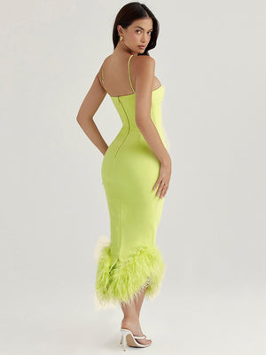 Sexy Suspender One Shoulder Sleeveless Feather Bodycon Dress 2022 New Women's Elegant Light Green Celebrity Club Party Dresses