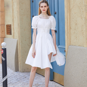HOUZHOU Women&#39;s White Dress Summer Elegant Vintage Kawaii Puff Sleeve Midi Dress Square Collar Bandage Sundress Goth Outfits