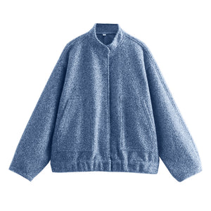 Women&#39;s Casual Loose Stand Collar Jackets 2023 Spring Warm Grey button Long Sleeve Bombers Fashion Plush Solid Female Outwear