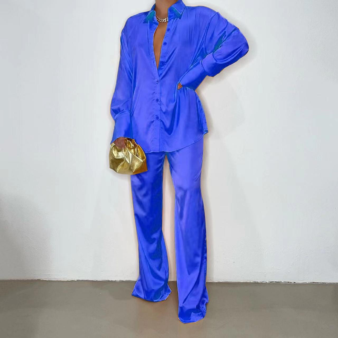 2022 Elegant Satin Women&#39;s Matching Sets Casual Long Sleeve Shirt Straight Pants Suit Female Loose Solid Tops Two Pieces Outfits