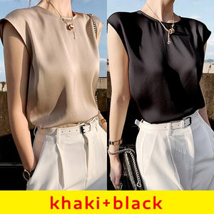 Khaki Women's Elegant Blouse Office Tunic Satin Silk Blouse Basic Tops White Summer Chiffon Blouses for Women 2023