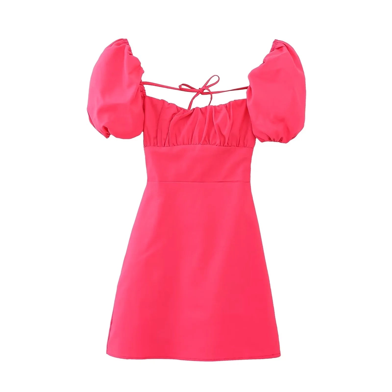 XNWMNZ women white fashion linen blend dress female square neck short puff sleeves backless crossover straps dress for women's