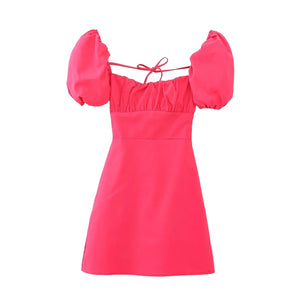 XNWMNZ women white fashion linen blend dress female square neck short puff sleeves backless crossover straps dress for women's