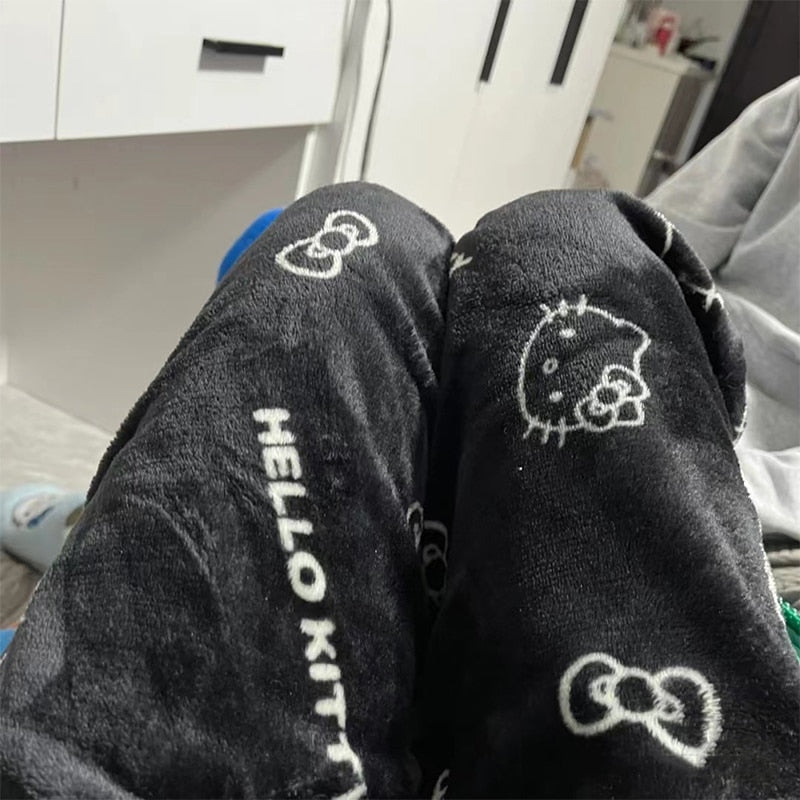 Sanrio Anime Hello Kitty Flannel Pajamas Black Women&#39;s Warm Woolen Cartoon Casual Home Pants In Autumn Winter Fashion Trousers