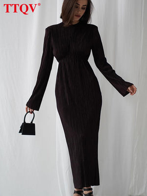 TTQV Winter O-Neck Green Women&#39;S Dress Elegant Long Sleeve Bodycon Midi Dresses Female Casual Pleated Dress For New Year 2022