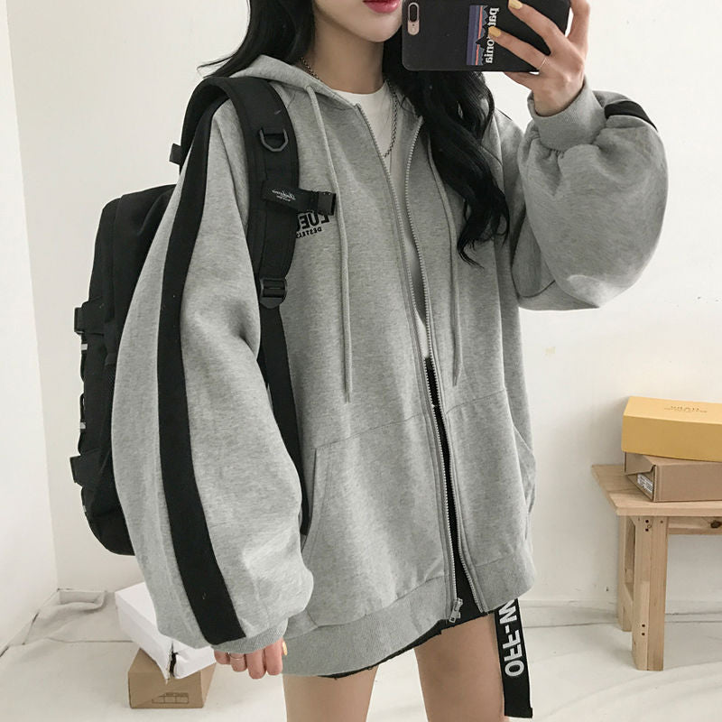 Hip Hop Zip Up Hoodie Vintage Star Patch Cotton Loose Sweatshirt Jacket Harajuku Gothic Long Sleeve Women Sweatshirt Y2k Clothes