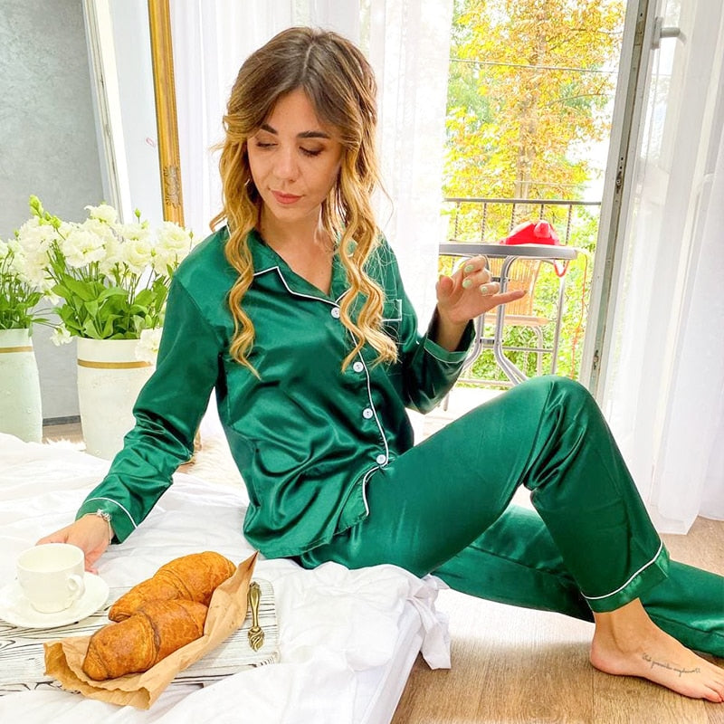 Pink Women&#39;s 7 Pieces Pajamas Sets Faux Silk Striped Pyjama Women Sleepwear Spring Summer Autumn Homewear Lounge Home Clothes