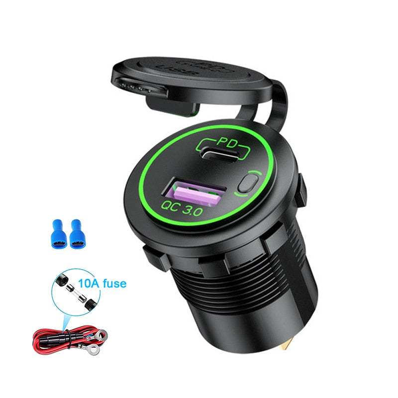 48W USB Charger Socket Waterproof Fast Charge Adapter PD Type C and QC3.0 Power Outlet With Switch For Car Marine Motorcycle