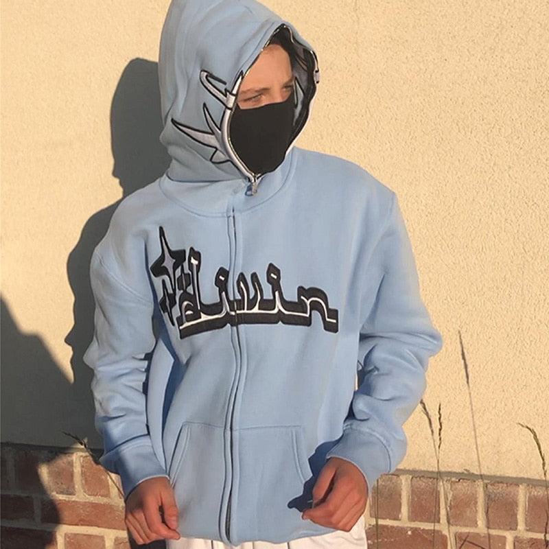 Y2K Embroidered Print Hoodies Men&#39;s Fashion Oversized Full Zip Up Hooded Sweatshirt Hip Hop Long Sleeve Jacket Coat Streetwear