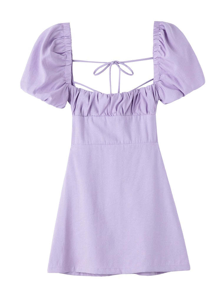 XNWMNZ women white fashion linen blend dress female square neck short puff sleeves backless crossover straps dress for women's