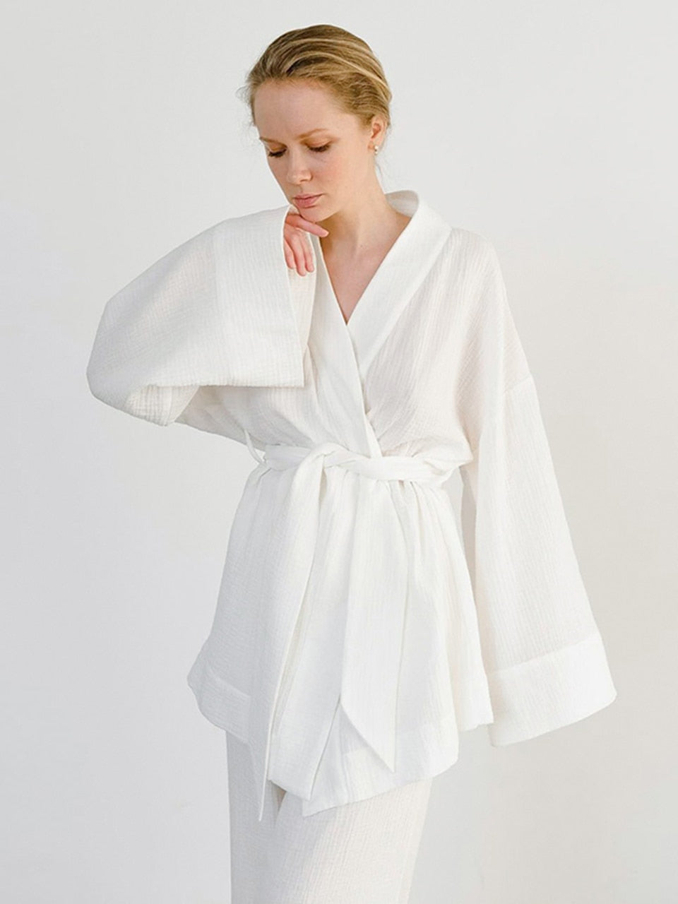 100% Cotton Women&#39;s Nightgown Robe Pajama Sets Flare Nightgown Trouser Suits Drop Sleeves Set Woman 2 Pieces Bathrobe For Women