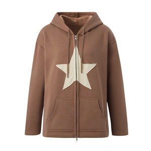 Hip Hop Zip Up Hoodie Vintage Star Patch Cotton Loose Sweatshirt Jacket Harajuku Gothic Long Sleeve Women Sweatshirt Y2k Clothes