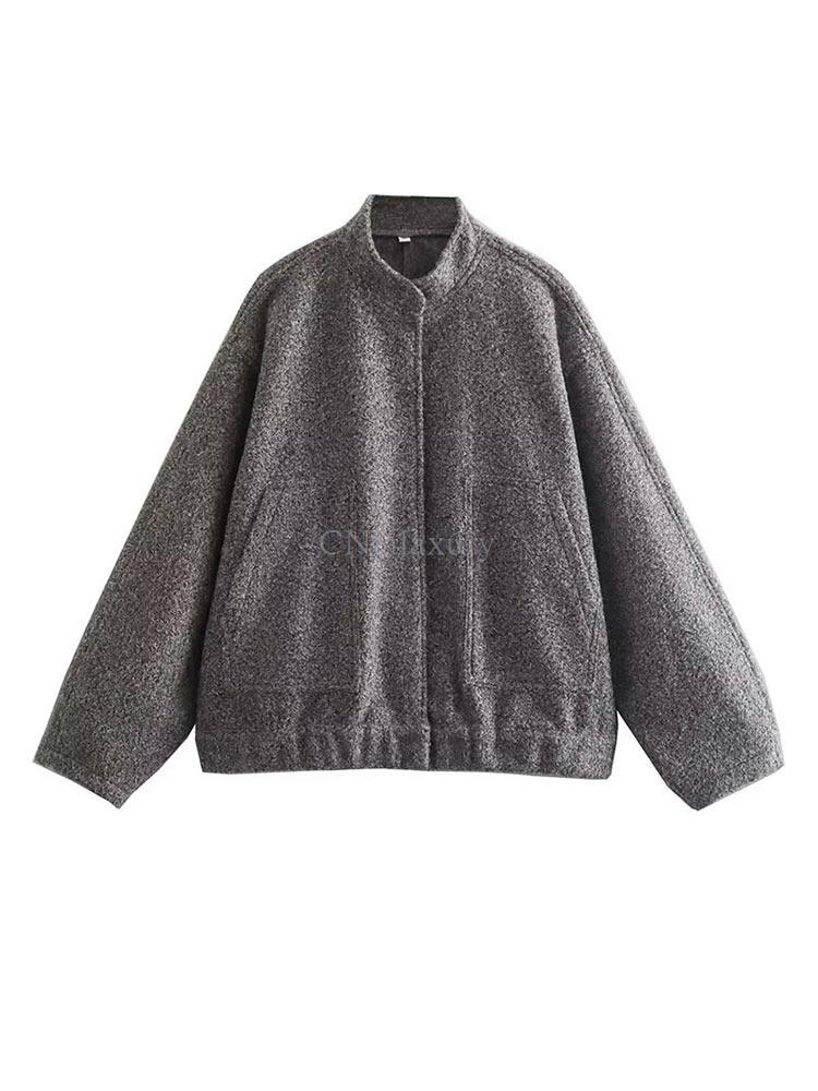 CNlalaxury Women's Bombers Grey With Buttons Long Sleeve Jackets Coat 2023 Spring Winter Female Warm With Pockets Casual Outwear