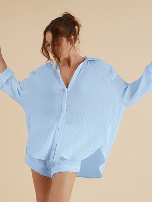 Linad Loose Women&#39;s Nightwear Cotton V Neck Long Sleeve Pajamas 2 Piece Sets Female Casual Suits With Shorts Solid Sleepwear