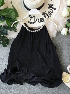Women's Tops Summer Halter Beading Curled Chiffon Shirt Ruffled Loose Baby Shirt Sleeveless Tops Women Blouse ML843