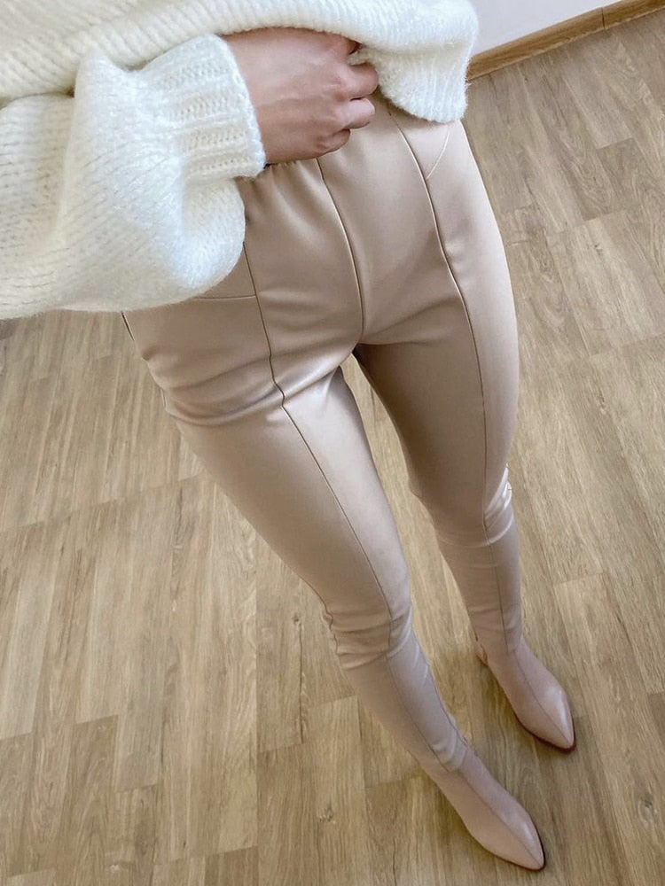 Winter Women's Leather Pants Black Slim Zipper Classic Leather Trousers Pencil Beige Tight Pu Faux Leather Pants for Women 2023
