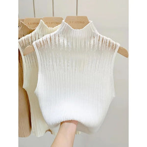 Hollow Out Gauze Tank Top Turtleneck Elegant Sleeveless Design Slim Camis Knitting Solid Chic Corset Summer Women&#39;s Tube Top