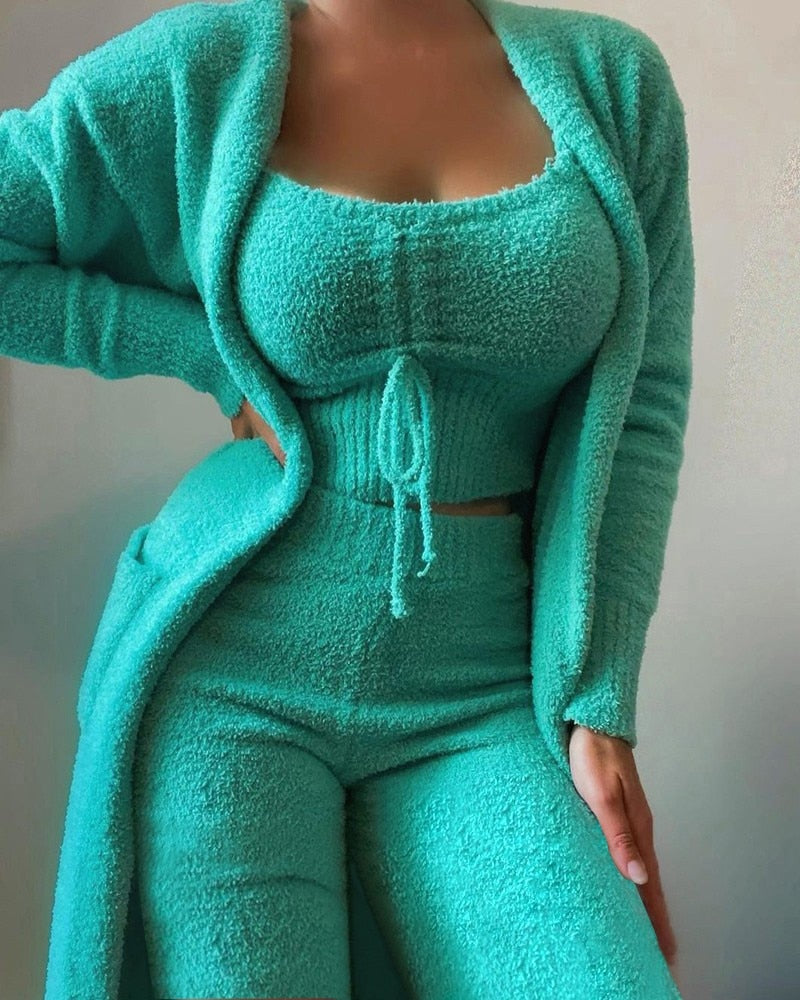 2022 New Autumn Winter Women&#39;s Velvet Pajamas Set Crop Top+Long Pants+Coat 3 Pieces Suit Warm Soft Fleece Homewear Pyjamas S-3XL