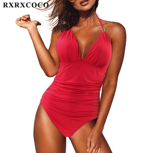 RXRXCOCO Women&#39;s Swimsuit One Piece Push Up Swimwear Women Neck Hanging Backless Sexy Bathing Suit Black Blue Beachwear Swimsuit