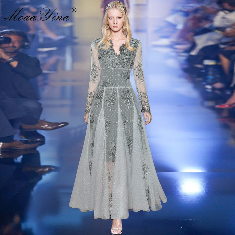 MoaaYina Fashion Designer dress Spring Women's Dress V neck See-through Long sleeves Mesh Embroidery Party Elegant Dresses