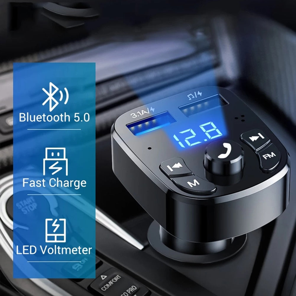 Car Handfree Bluetooth 5.0 FM Transmitter Car Kit MP3 Player Handsfree Speaker Audio Coche Adapter Receiver USB Fast Charger
