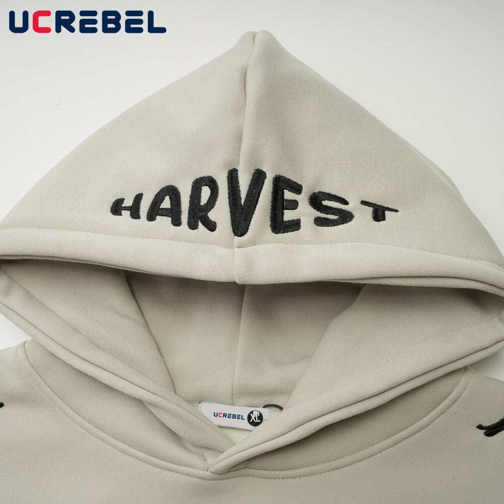 Letter Embroidery Hooded Sweatshirts Mens Autumn Winter Long Sleeve Loose Casual Streetwear Drop Shoulder Hoodies Men