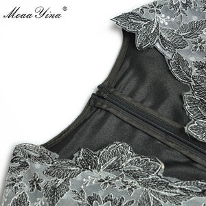 MoaaYina Fashion Designer dress Spring Women's Dress V neck See-through Long sleeves Mesh Embroidery Party Elegant Dresses