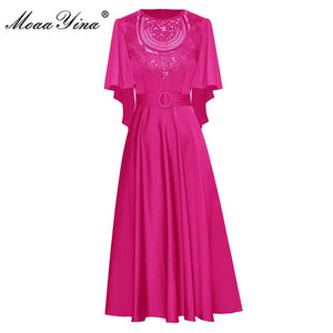 MoaaYina Fashion Designer dress Summer Women&#39;s Dress Butterfly Sleeve Hollow-out Embroidery Sashes Green Party Dresses 2022