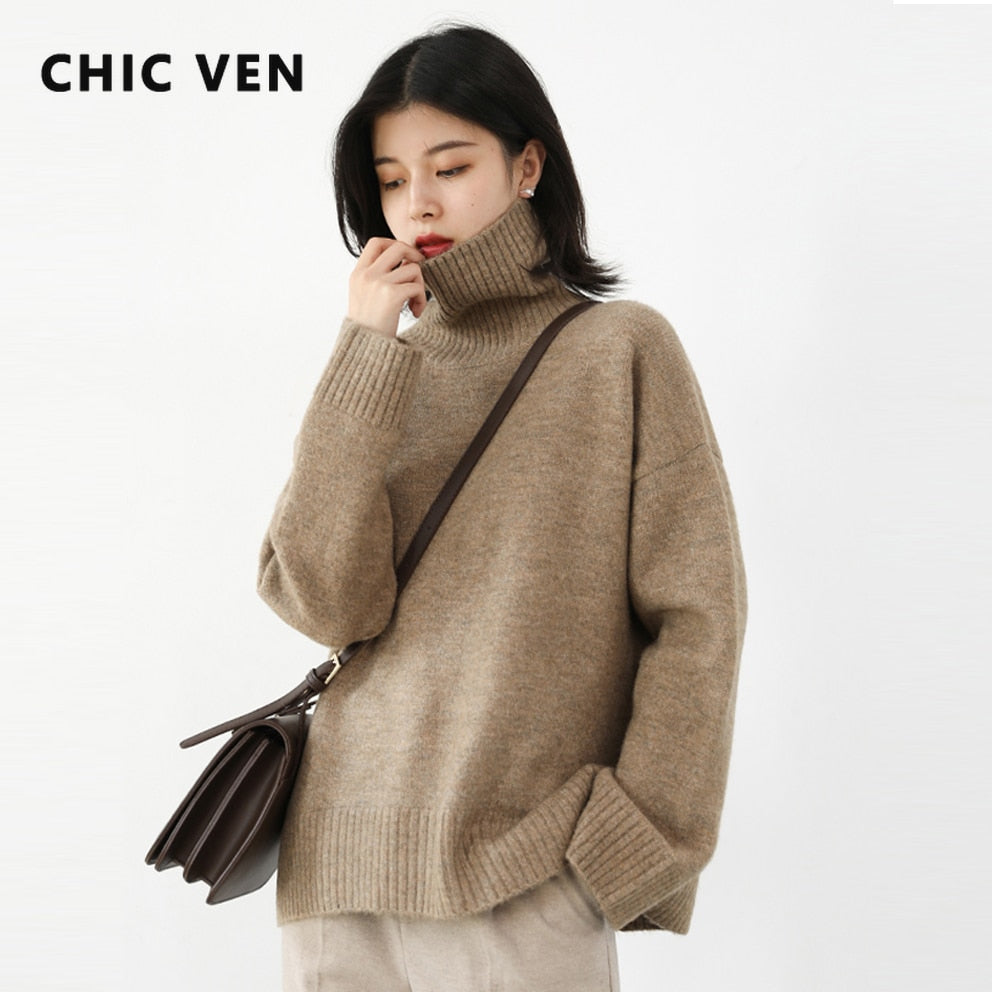 CHIC VEN Korean Women&#39;s Sweater Loose Turtleneck Sweaters Warm Solid Pullover Knitwear Basic Female Tops Autumn Winter 2022