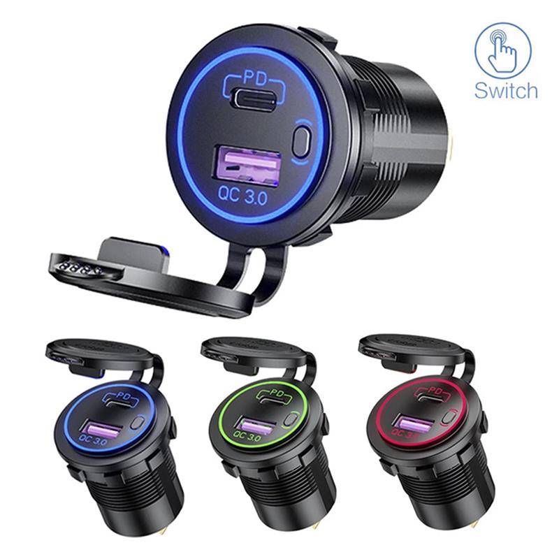 48W USB Charger Socket Waterproof Fast Charge Adapter PD Type C and QC3.0 Power Outlet With Switch For Car Marine Motorcycle