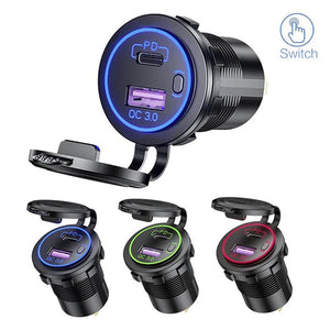 48W USB Charger Socket Waterproof Fast Charge Adapter PD Type C and QC3.0 Power Outlet With Switch For Car Marine Motorcycle