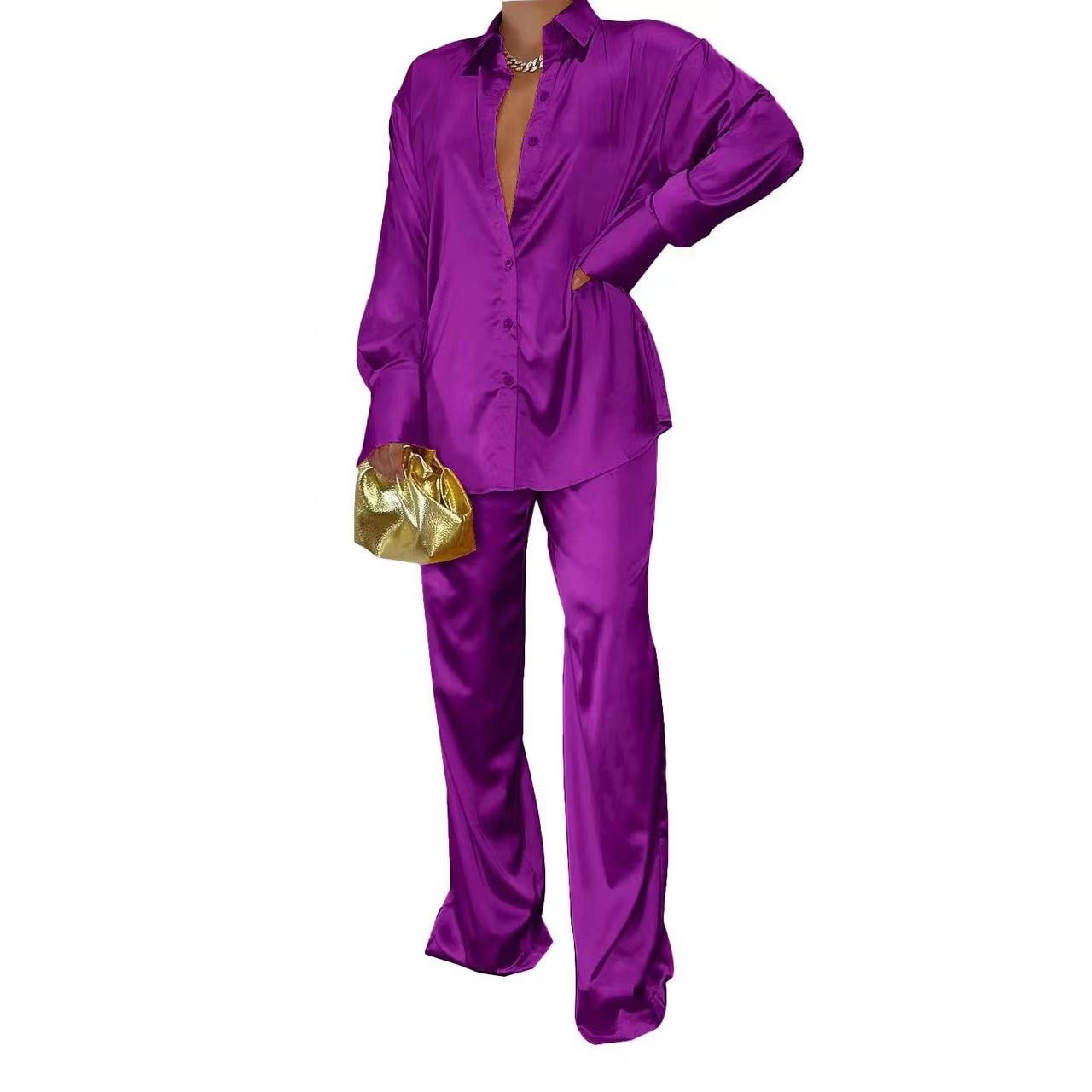 2022 Elegant Satin Women&#39;s Matching Sets Casual Long Sleeve Shirt Straight Pants Suit Female Loose Solid Tops Two Pieces Outfits