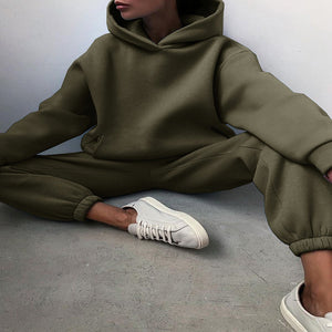 Fleece-lined Tracksuits Women Casual Solid Warm Suits Hoodies Sweatpants Autumn Winter Pullover Sweatshirts Pants 2 Piece Set