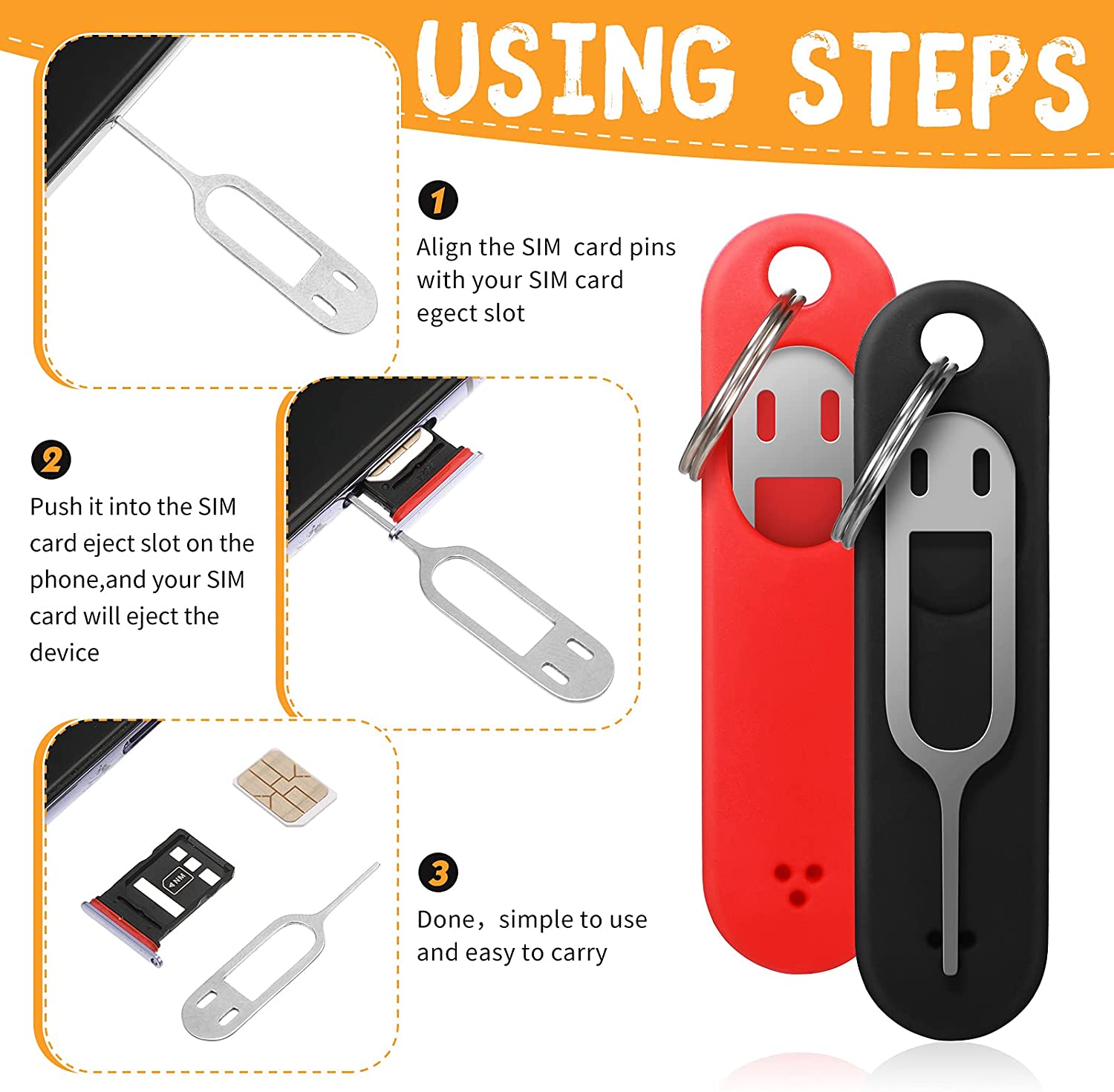 5pcs SIM Card Removal Needle Pin & Anti-lost Tray Charm Keychain Split Rings Phone SIM Card Storage Case Ejecter Tool Needles