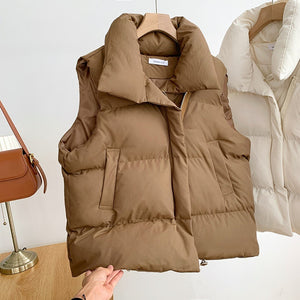 Winter Women&#39;s Vest Stand Collar Zipper Sleeveless Padded Puff Jacket Overcoat Solid Color Loose Drawstring Waistcoat Vest Coat