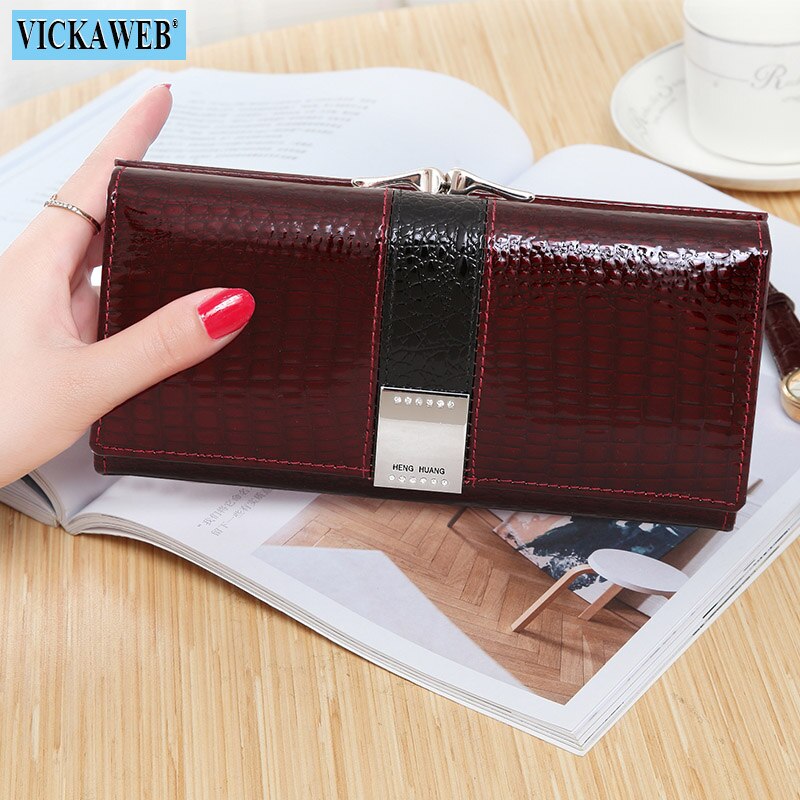 Free Gift 2022 New Diamonds Women&#39;s Patent Leather Wallet Long Fashion Patchwork Money Bag Ladies Purse Card Holder AE207-1