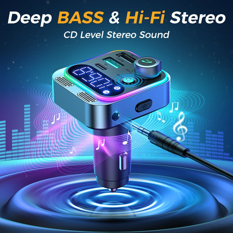 2022 Bluetooth 5.3 FM Transmitter for Car, [Stronger Dual Mics Deep Bass Sound] , 48W PD&amp;QC3.0 Car Charger Bluetooth Adapter