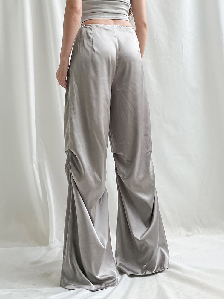 Weekeep Satin Wide Leg Women's Pants Baggy Drawstring Jogging Sweatpants 2023 Summer Fashion Low Rise Trouser Elegant Streetwear