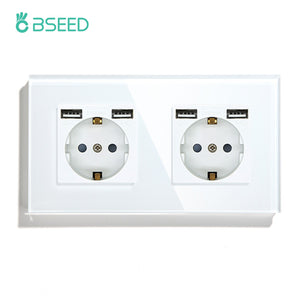 BSEED EU Standard Single Power Socket Touch Switch Crystal Panel USB Double Outlet Triple Wall Sockets Mounted Quadruple Sockets