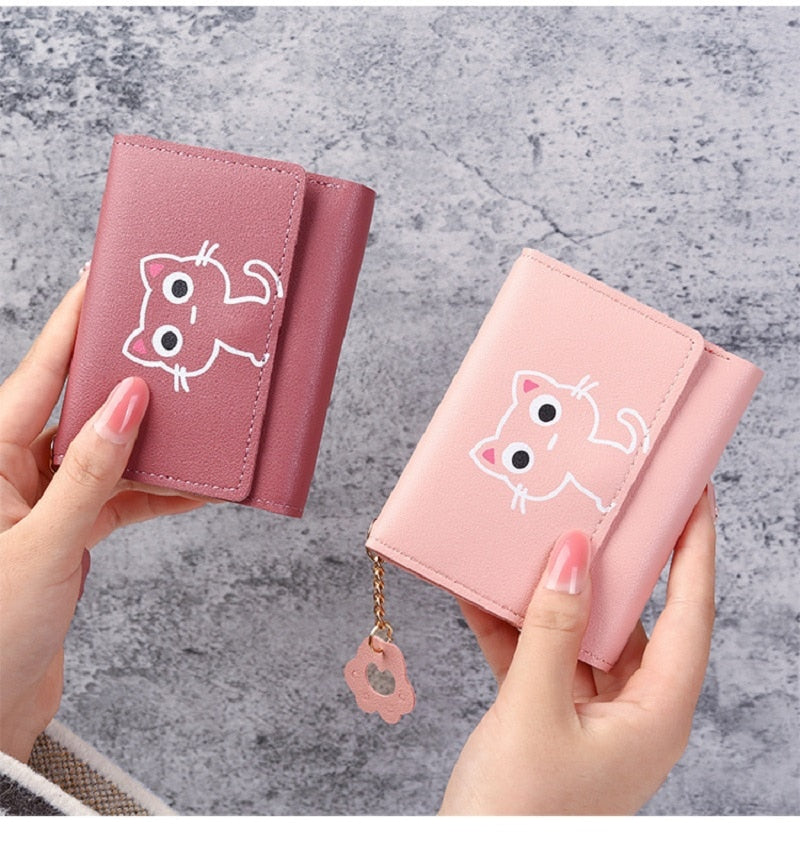 New Women&#39;s Wallet Cute Cat Short Wallet Leather Small Purse Girls Money Bag Card Holder Ladies Female Hasp 2022 Fashion