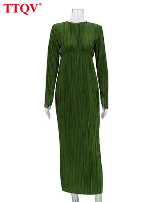 TTQV Winter O-Neck Green Women&#39;S Dress Elegant Long Sleeve Bodycon Midi Dresses Female Casual Pleated Dress For New Year 2022