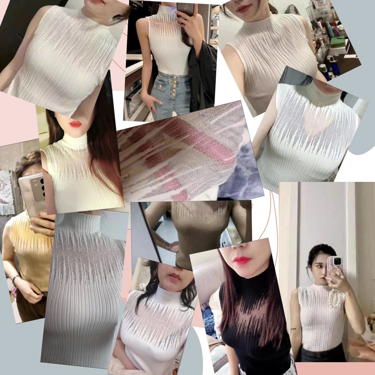 Hollow Out Gauze Tank Top Turtleneck Elegant Sleeveless Design Slim Camis Knitting Solid Chic Corset Summer Women&#39;s Tube Top