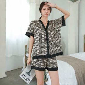 QSROCIO Summer Women's Pajamas Set Luxury Curves Print V Neck Sleepwear Short Casual Faux Silk Homewear 2pcs Nightie Femme